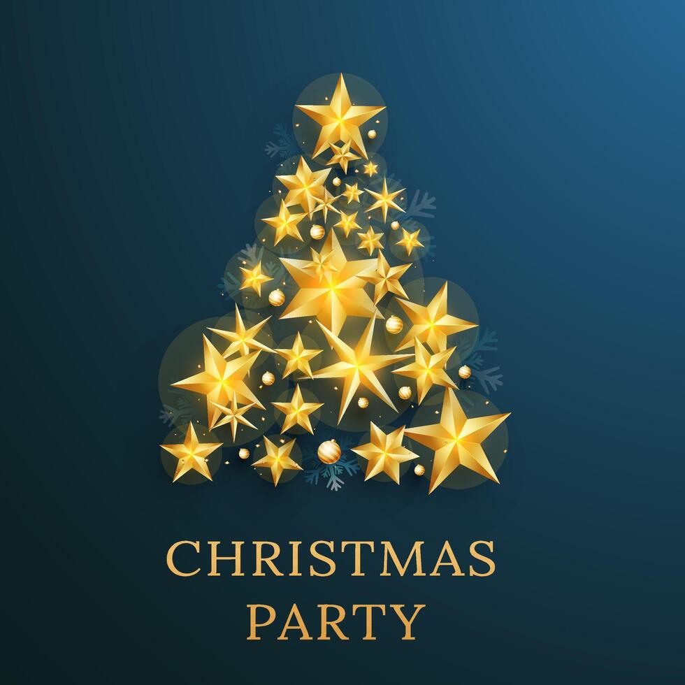 Merry Christmas Party Poster Design with Creative Xmas Tree Made by Golden Stars on Blue Background. vector