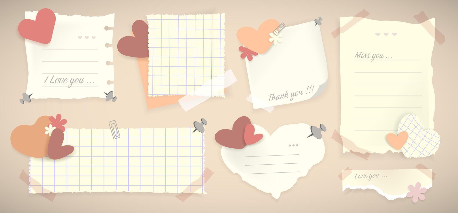 Vintage Torn paper notes and memos with adhesive tape and hearts design elements.Valentine memo notes with hearts set. Torn ripped paper sheets.Scrapbook notes and cards. illustration vector