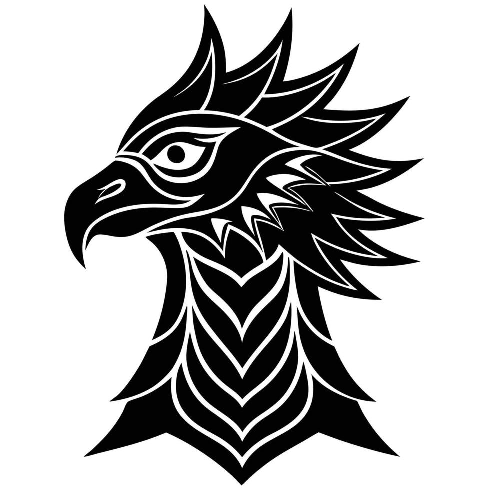 Tribal Griffin Head with Decorative Neck Patterns Silhouetted on White Background vector