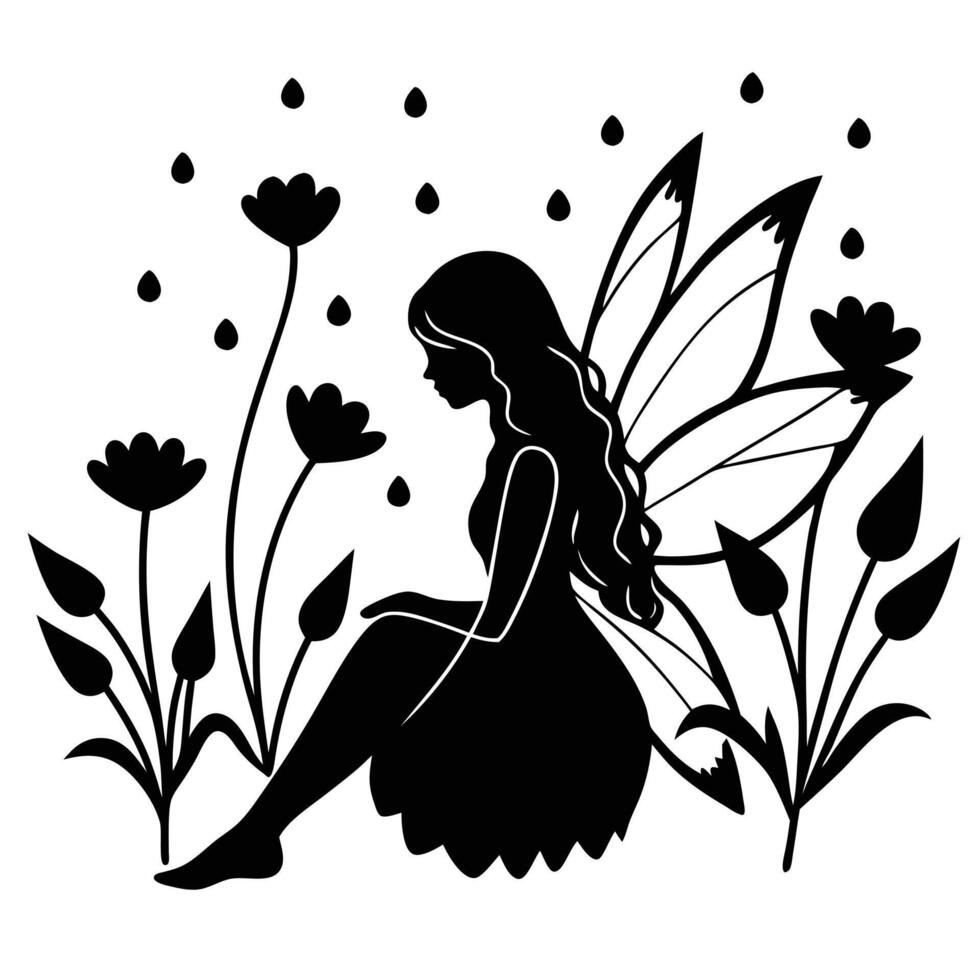 Fairy Sitting Under Drooping Wildflowers Silhouetted on White Background vector