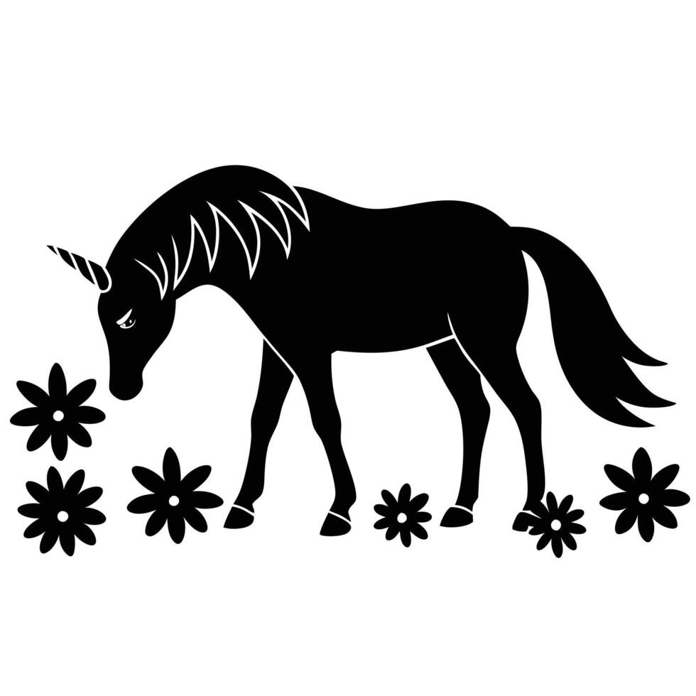 Unicorn Grazing in Flower Field Silhouette on White Background vector