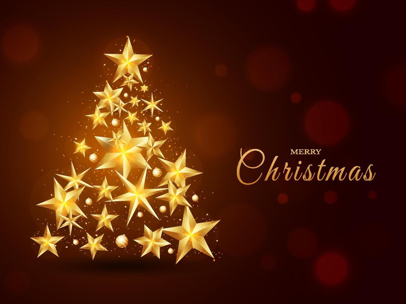 Creative Xmas tree made by shiny golden stars on brown background for Merry Christmas celebration. vector