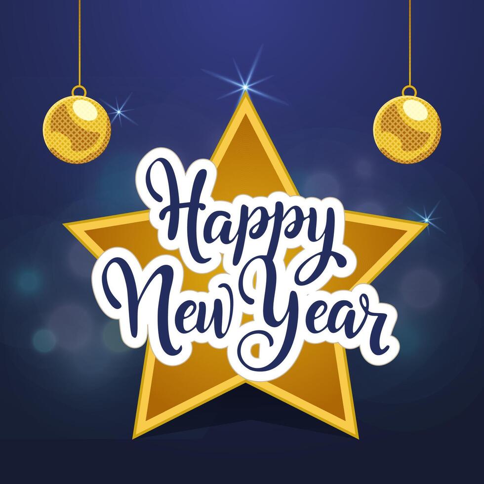 Happy New Year Greeting Card Design with Golden Star and Baubles Decorated in Blue Background. vector