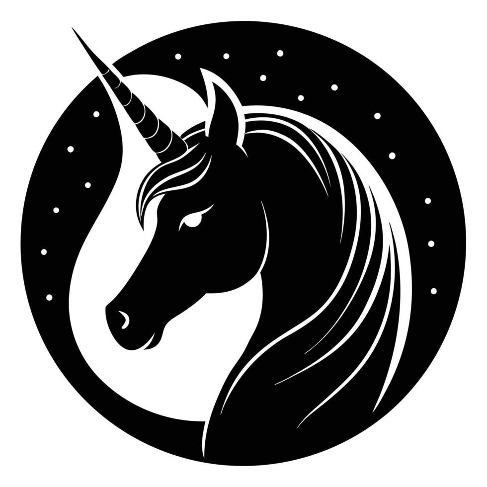 Unicorn Head Silhouette Under Glowing Moon on White Background vector