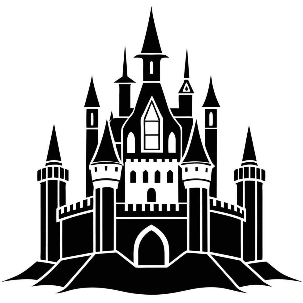 Medieval Fortress with Tall Towers Silhouetted on White Background vector