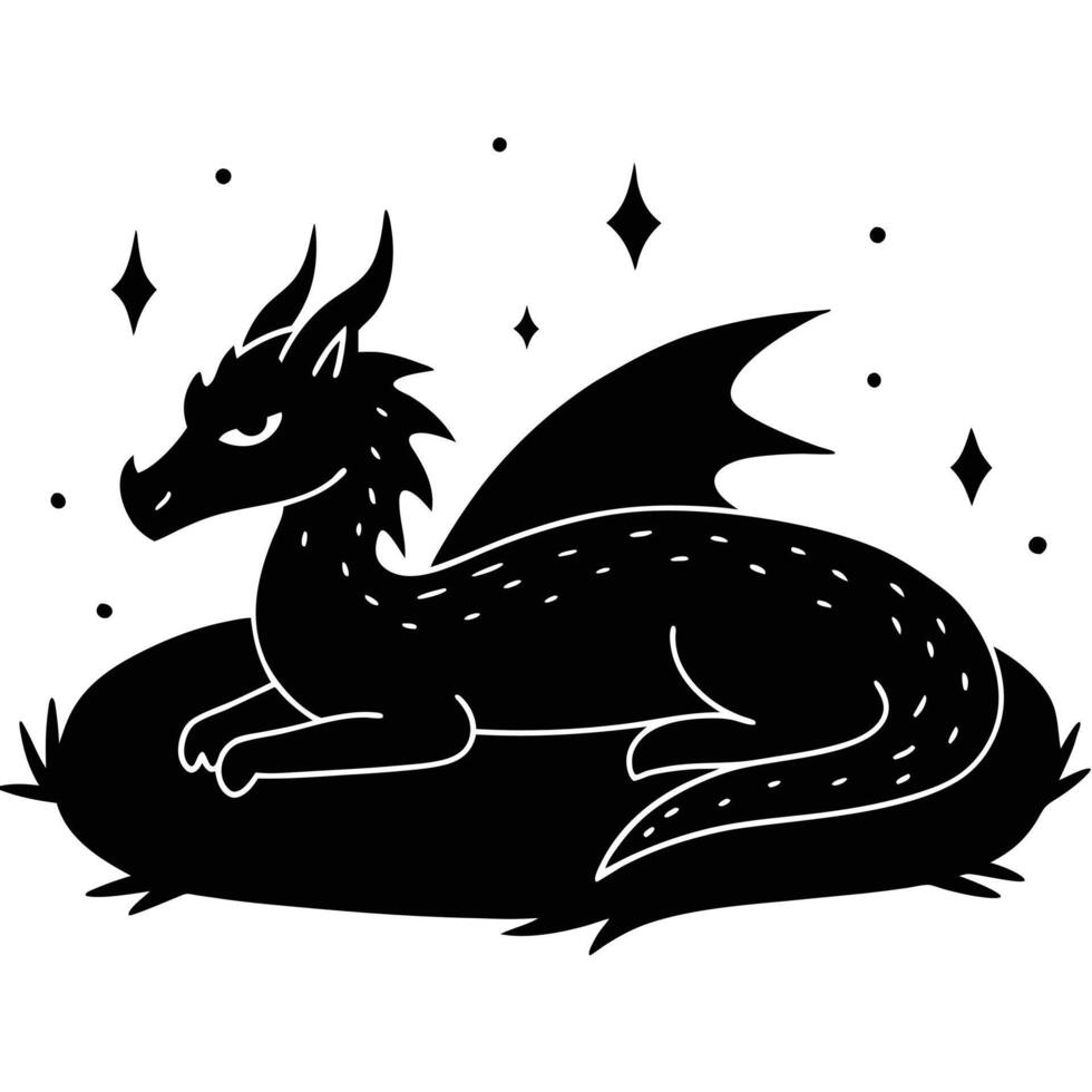 Resting Dragon on Glowing Embers Silhouette on White Background vector