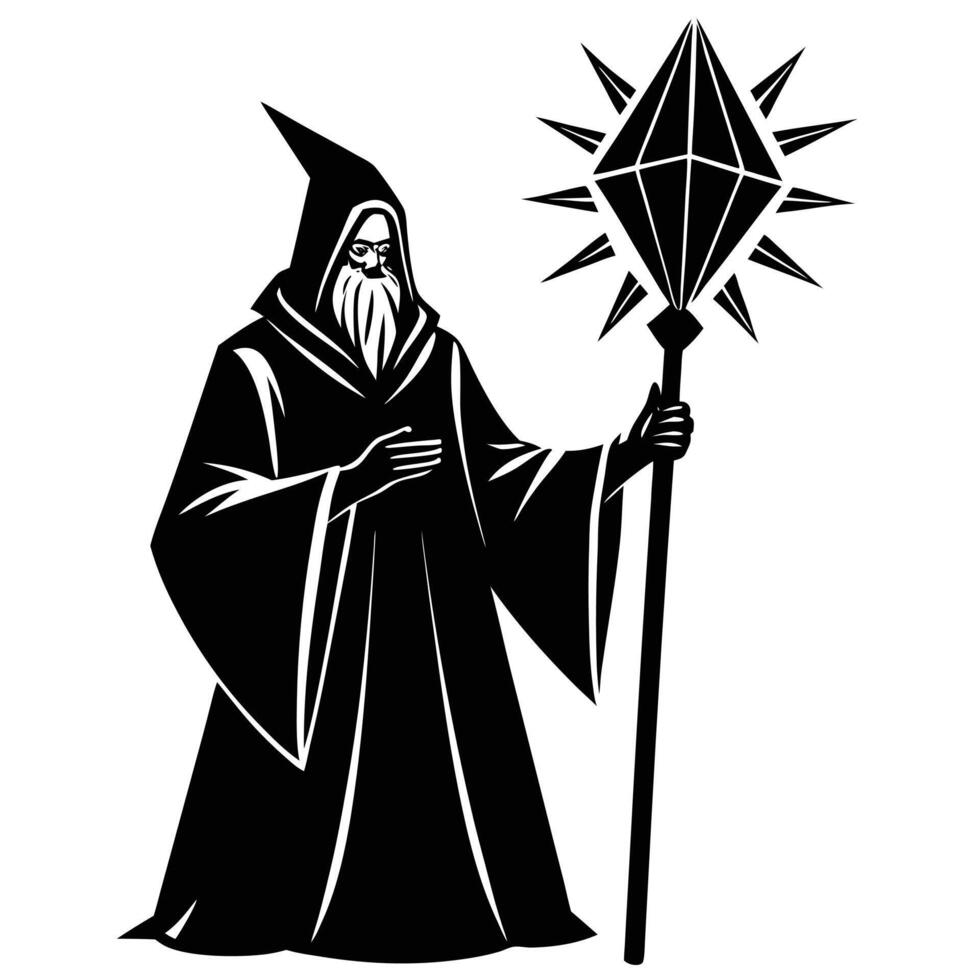 Sorcerer Amplifying Crystal Energy with Magical Staff Silhouetted on White Background vector