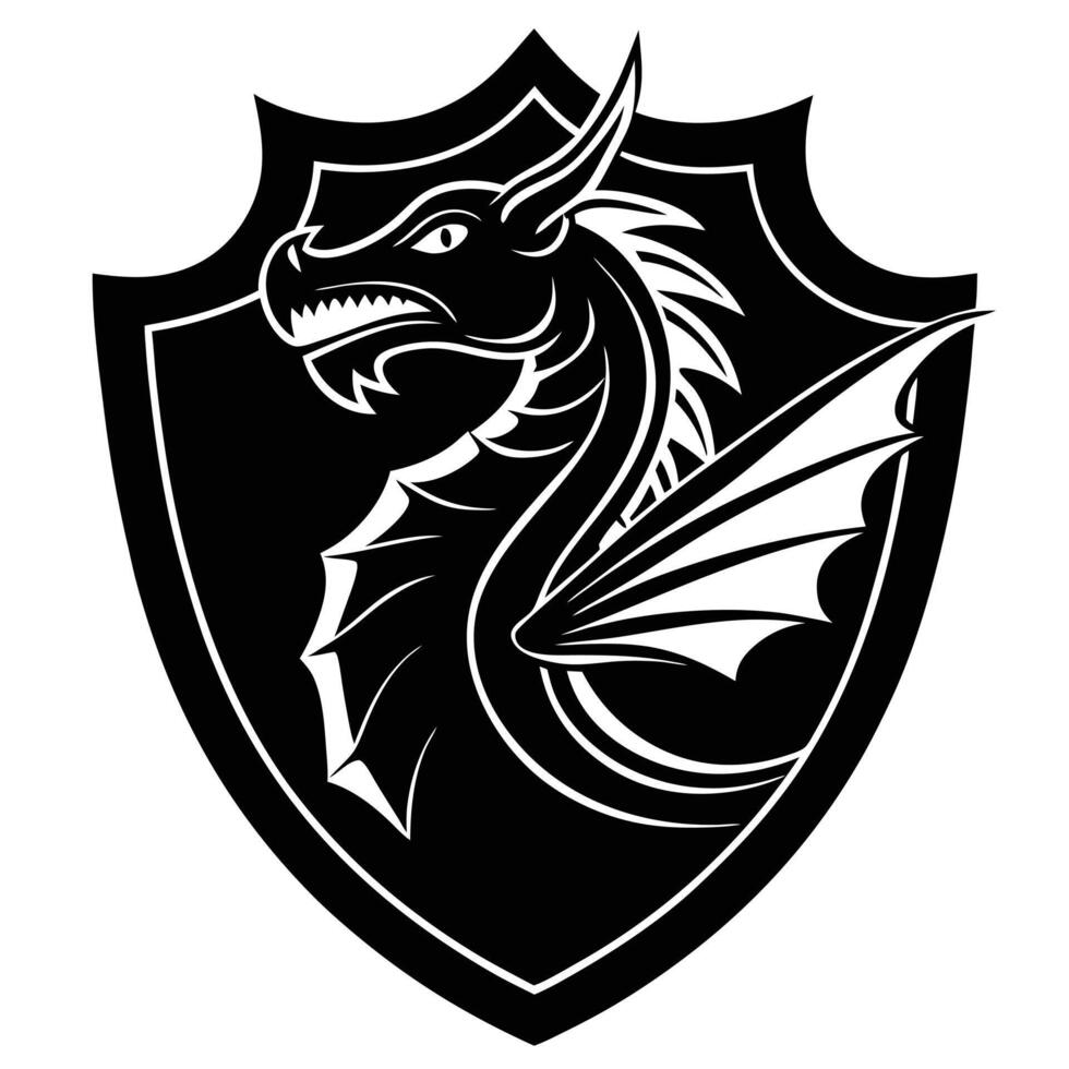 Dragon Coiled Around Knight's Shield Silhouette on White Background vector