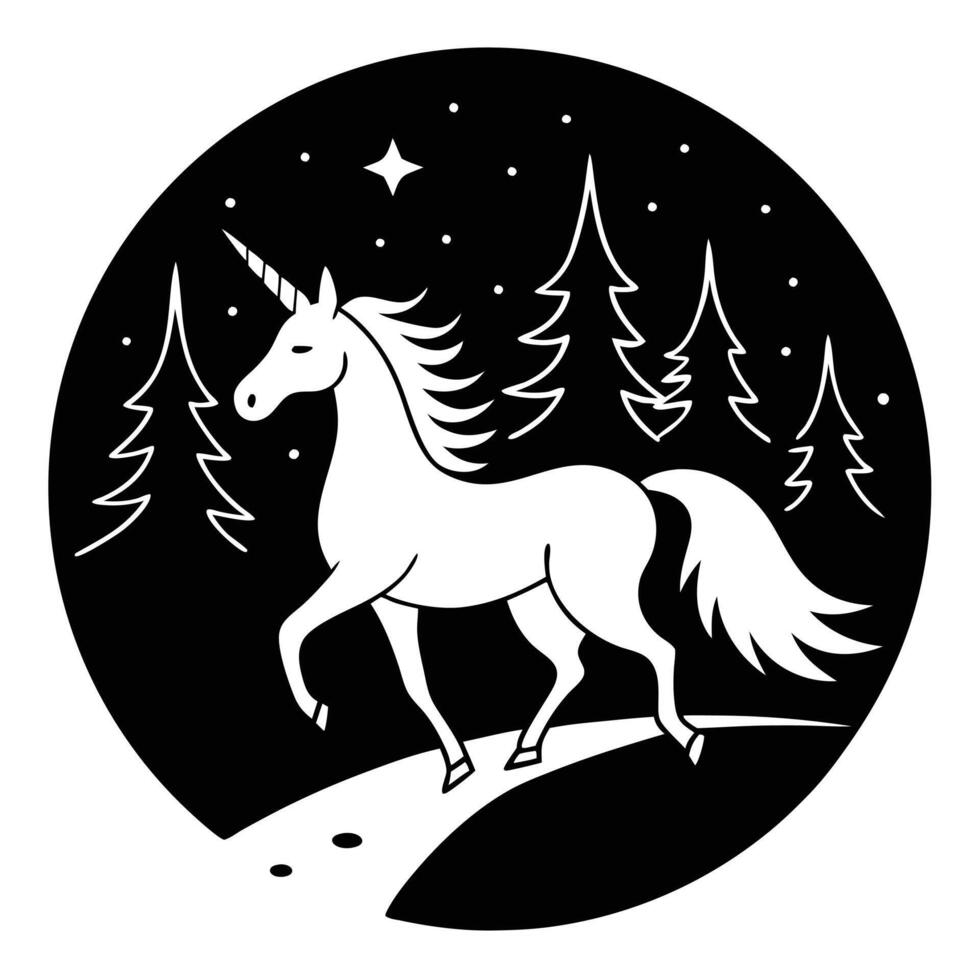Unicorn Dashing Across Forest Path Silhouette on White Background vector