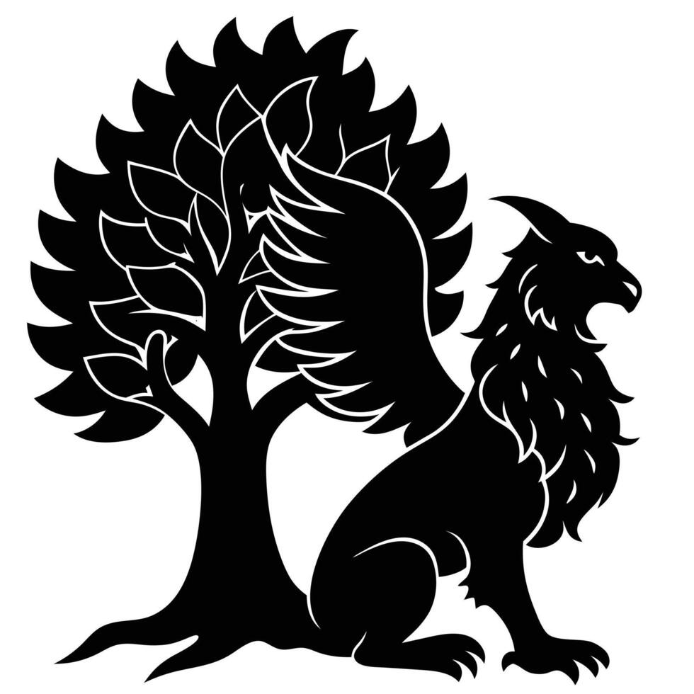Griffin Sitting Calmly Silhouetted on White Background vector