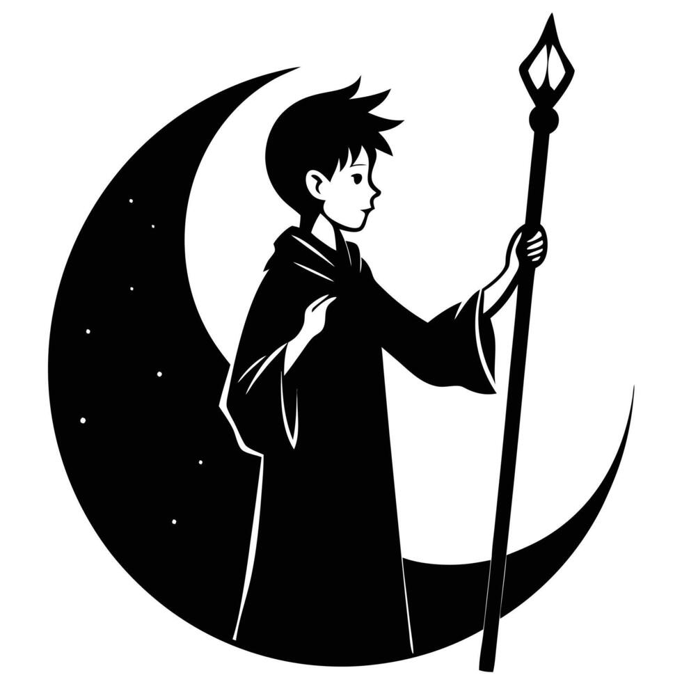 Boy Wizard Gripping Staff Against Sunset Silhouette on White Background vector