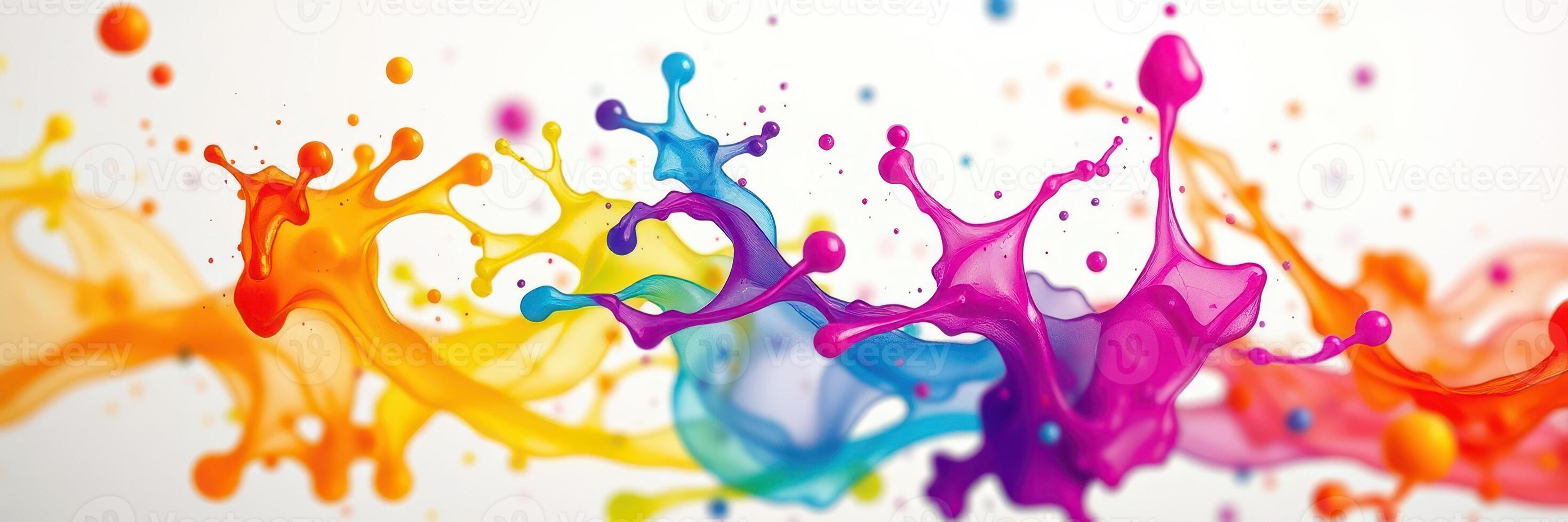 Colorful splashes of liquid paint create an artistic display in a vibrant flow on a white background photo