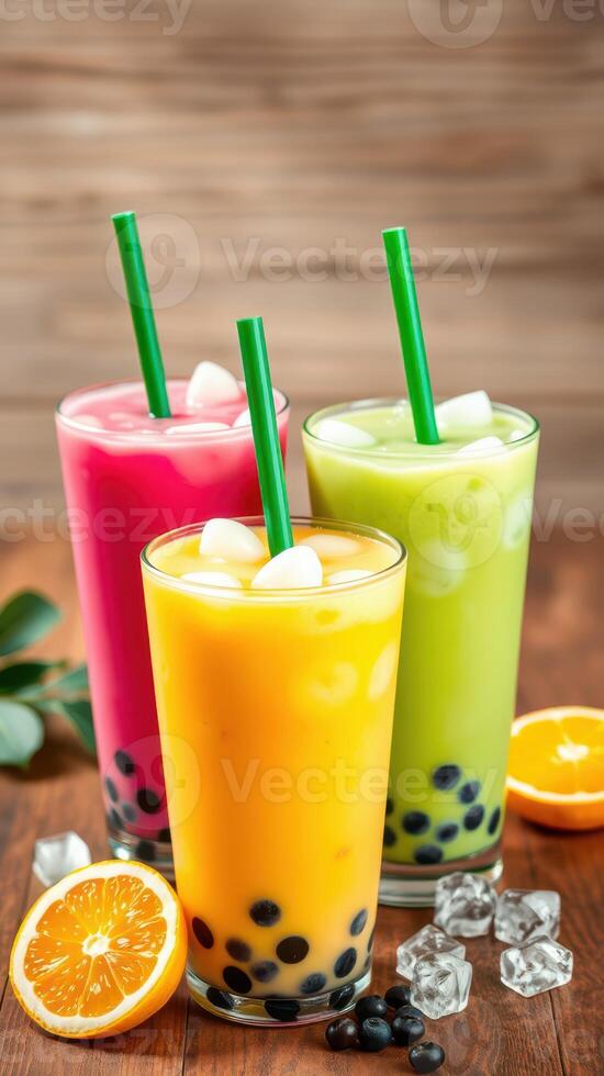 Colorful tropical drinks served with ice and fruit on wooden table photo