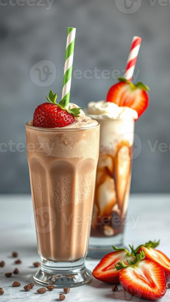 Refreshing chocolate and coffee milkshakes topped with whipped cream and strawberries in a cozy setting photo