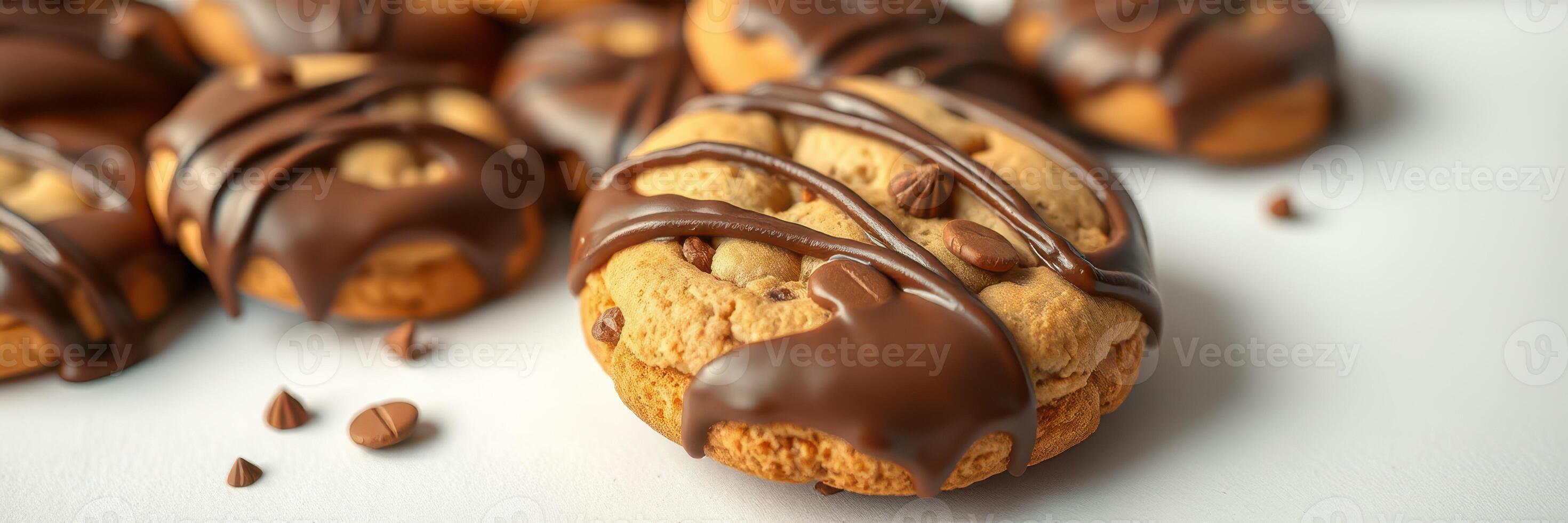 Chocolate drizzled cookies with chocolate chips displayed on a clean surface photo