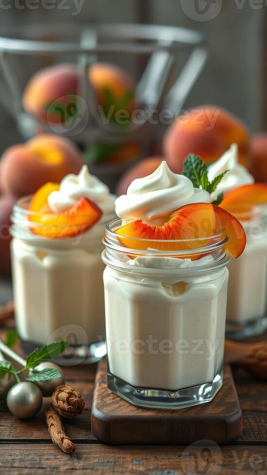 Creamy dessert topped with fresh peach slices and mint leaves served in glass jars on a wooden table photo