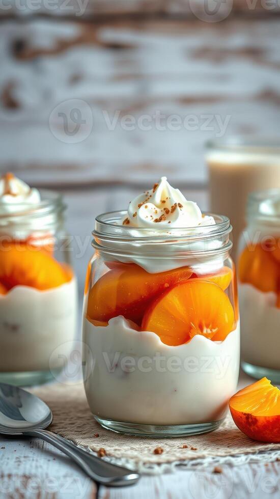 Delicious dessert featuring creamy yogurt layered with fresh peaches and topped with whipped cream served in glass jars photo