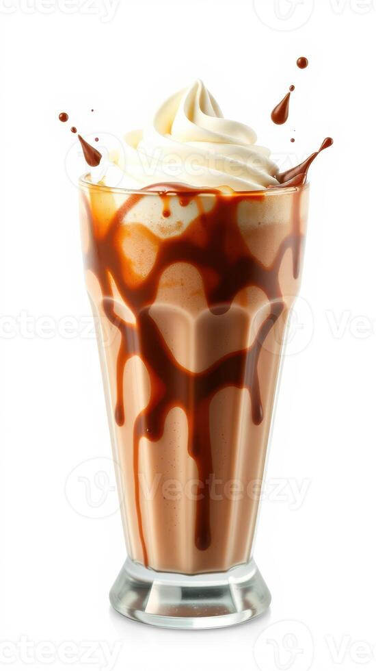 Delicious chocolate milkshake topped with creamy swirl and chocolate drizzle in a glass photo