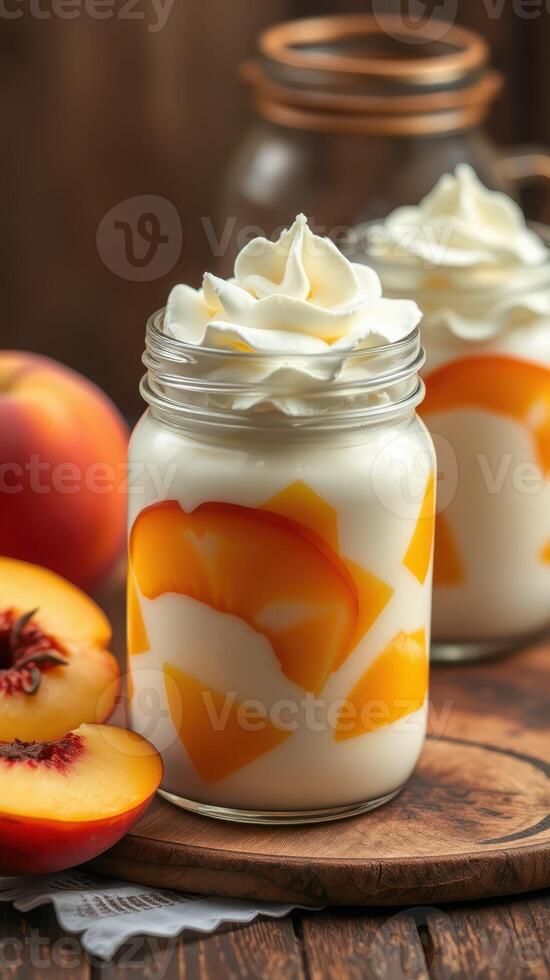 Creamy peach dessert topped with whipped cream in jars on rustic wooden table photo