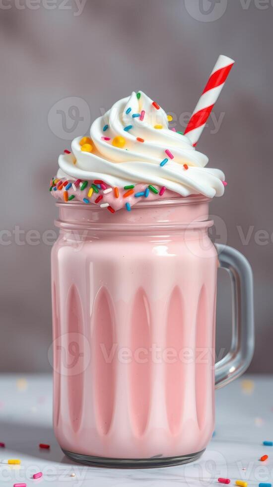 Delicious pink milkshake topped with whipped cream and colorful sprinkles served in a jar photo