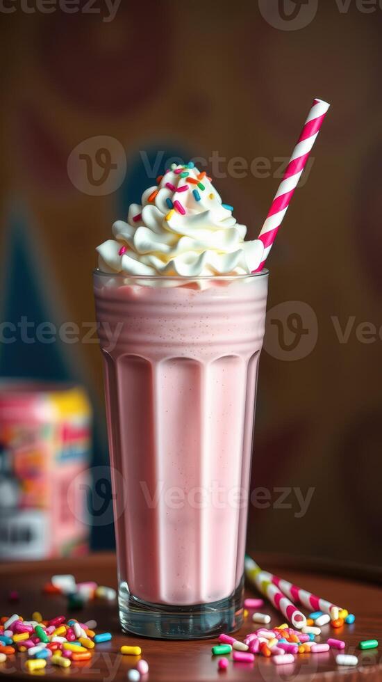 Colorful milkshake topped with whipped cream and sprinkles served in a tall glass on a wooden table photo