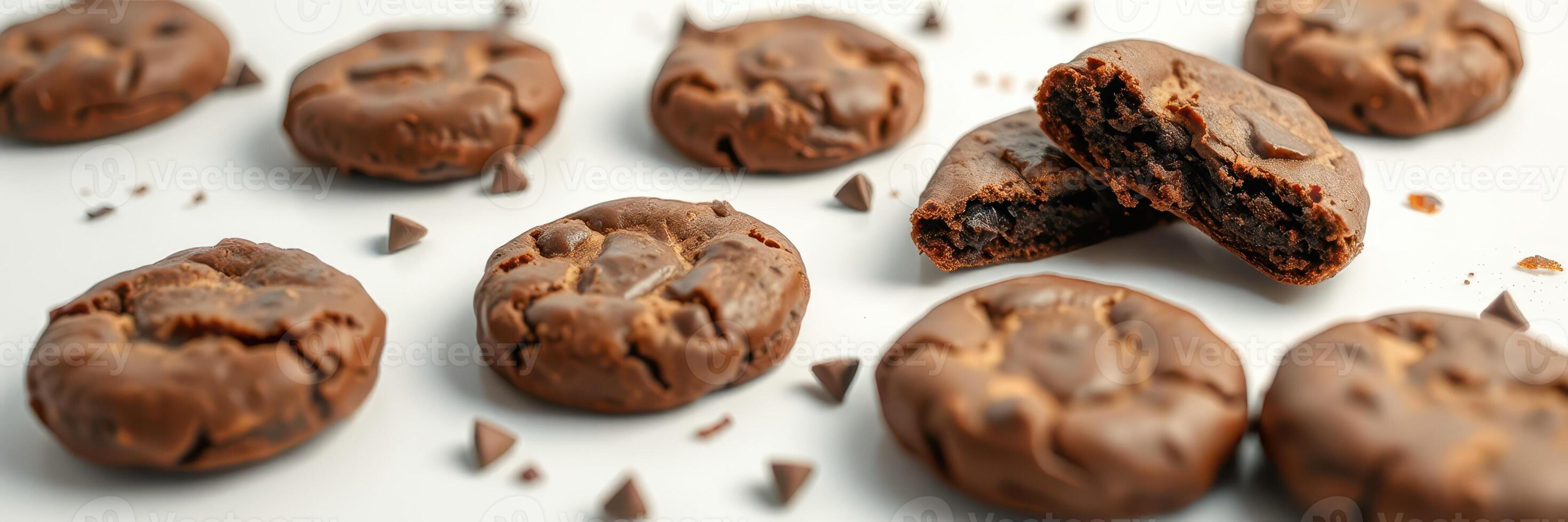 Delicious chocolate cookies arranged neatly with some crumbled pieces and chocolate chips scattered around photo