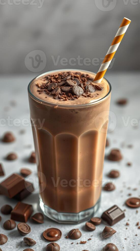 Delicious chocolate smoothie topped with chocolate shavings and a striped straw on a textured surface photo