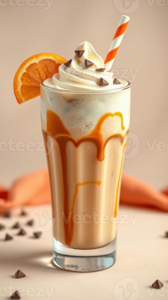 Delicious creamy dessert drink topped with orange slice and chocolate chips served in a tall glass photo