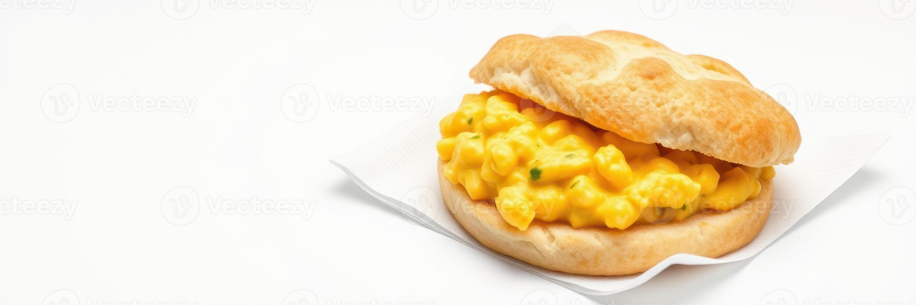 Biscuit sandwich with cheesy scrambled eggs served on a napkin in a bright setting photo