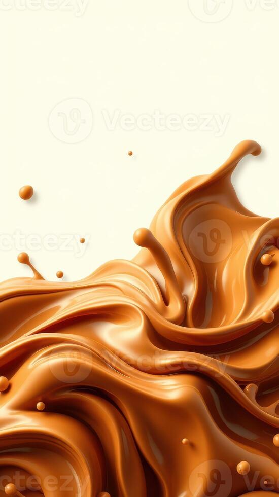 Rich brown liquid swirls and splashes against a cream background creating a dynamic visual display of texture and motion photo