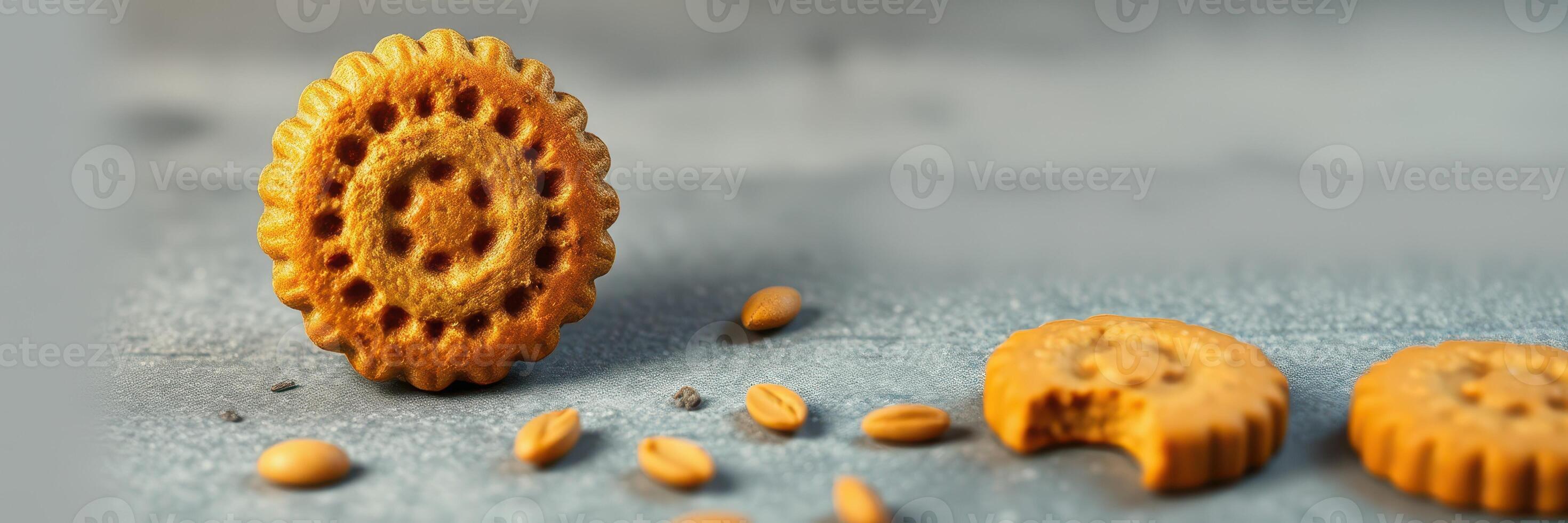 Delicious round cookies with intricate designs and scattered crumbs on a textured surface photo