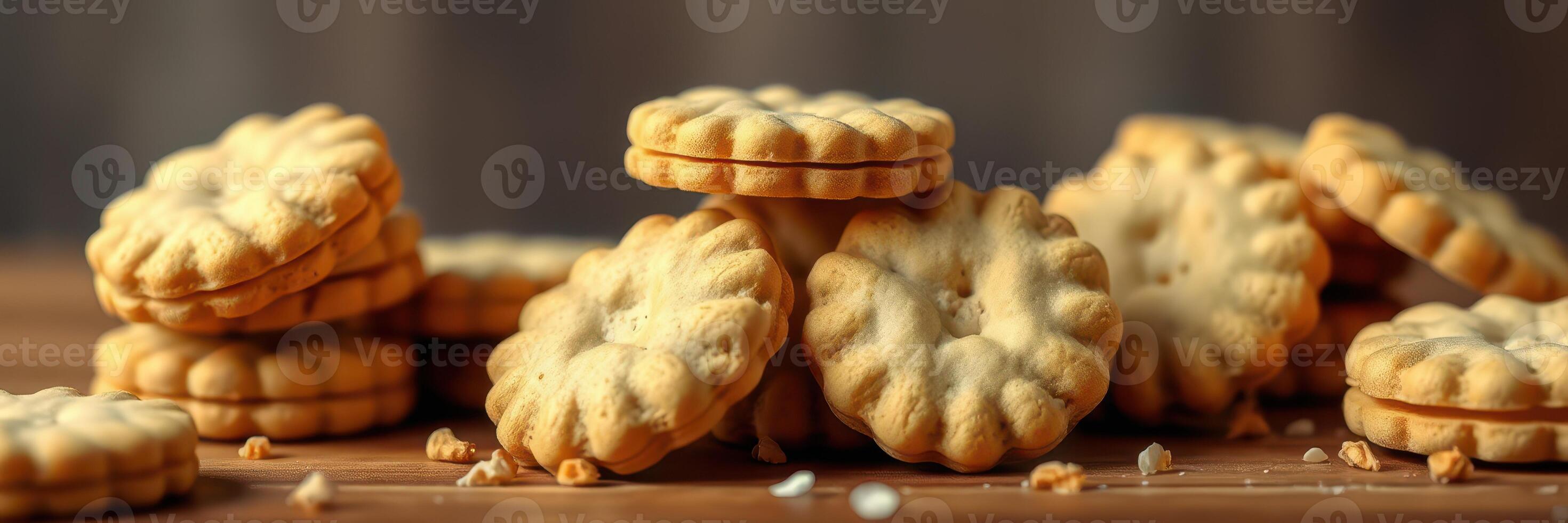 Cookies arranged on a wooden surface creating a warm and inviting atmosphere for snacks or desserts photo
