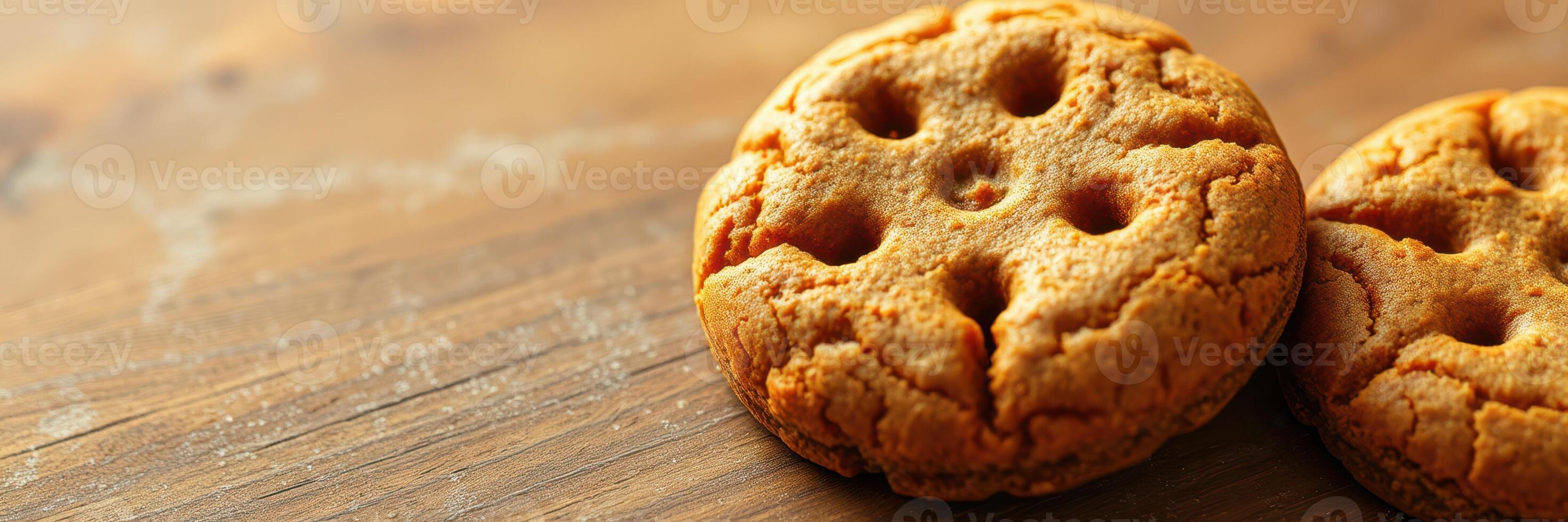 Freshly baked cookies placed on a wooden surface with a rustic background during afternoon light photo