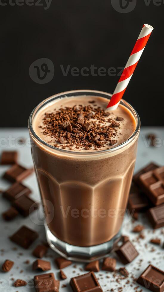 Creamy chocolate shake topped with chocolate shavings and a striped straw on a textured surface photo