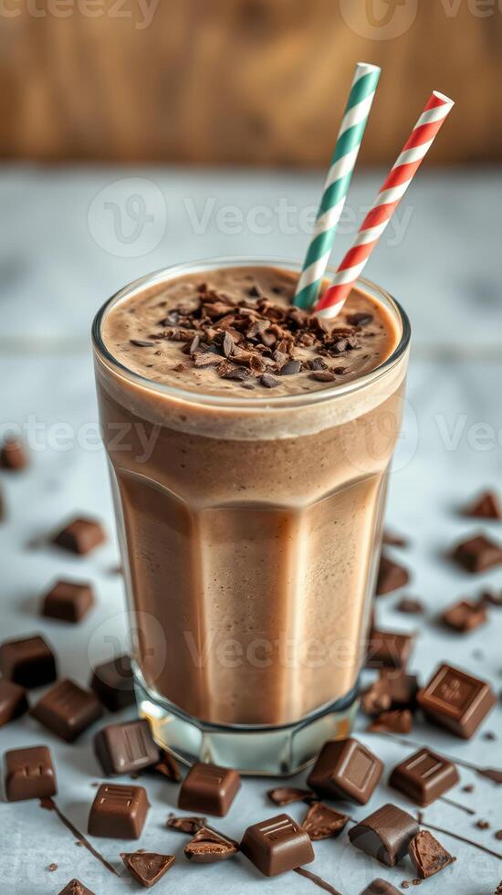 Chocolate milkshake with decorative straws and chocolate pieces on a marble surface, captured in warm lighting photo