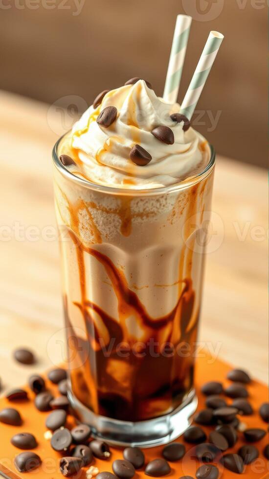 Delicious iced coffee drink topped with whipped cream and chocolate syrup served in a glass with straws photo