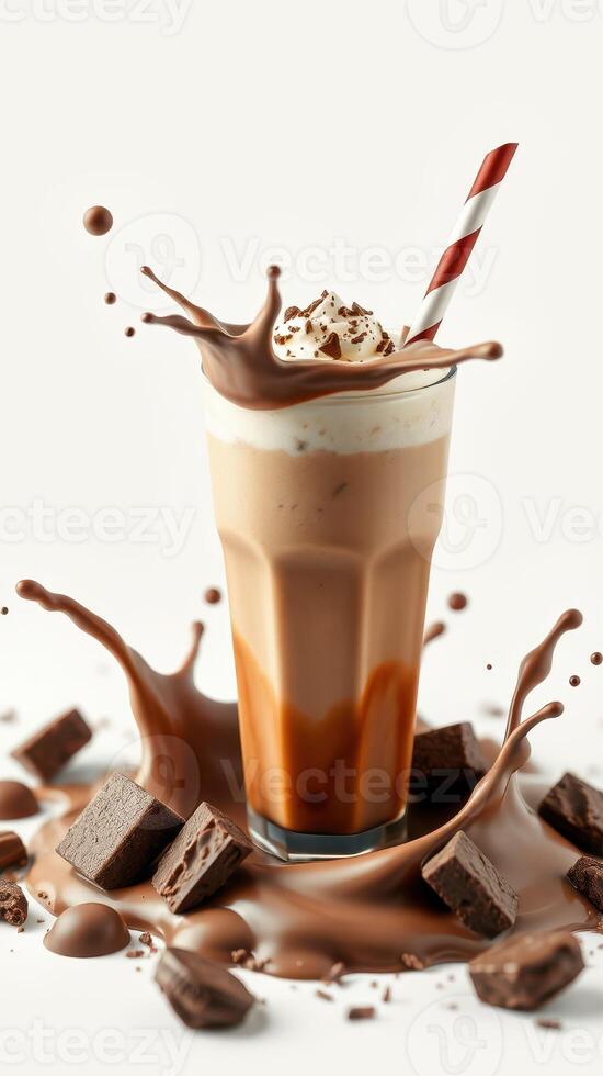 Delicious chocolate milkshake with whipped cream and a straw surrounded by chocolate splashes and brownies photo