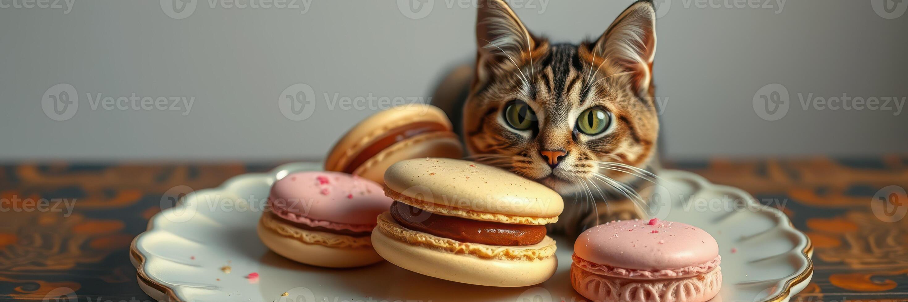 Cute cat with colorful macarons on a decorative plate at a cozy indoor setting in soft lighting photo