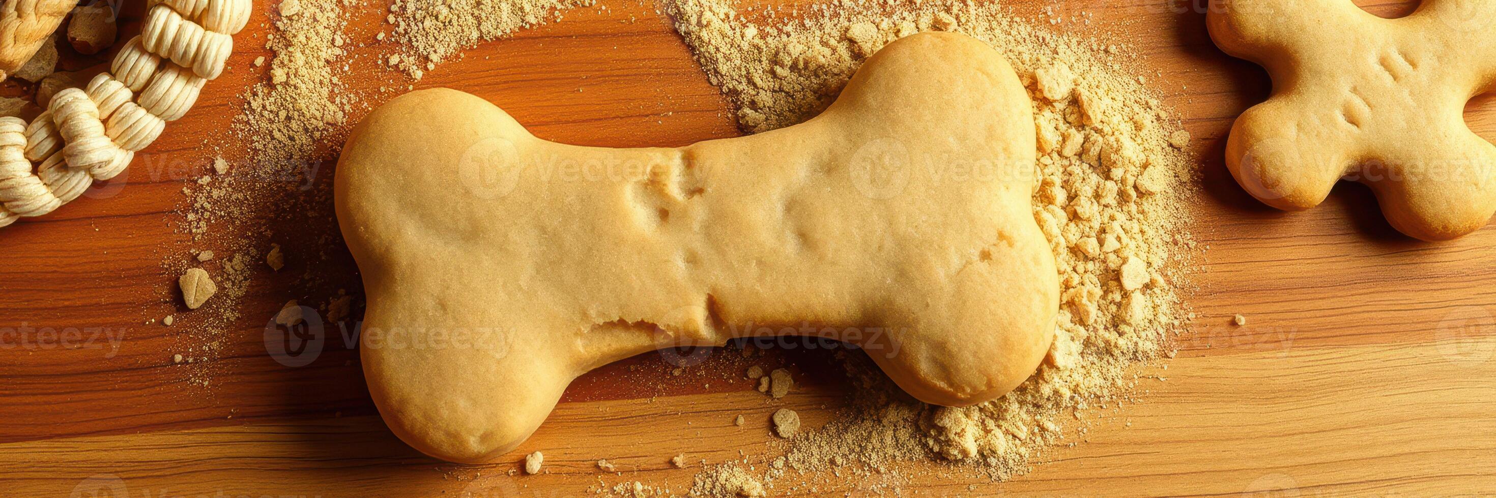 Delicious dog biscuits shaped like bones on a wooden surface with crumbs photo