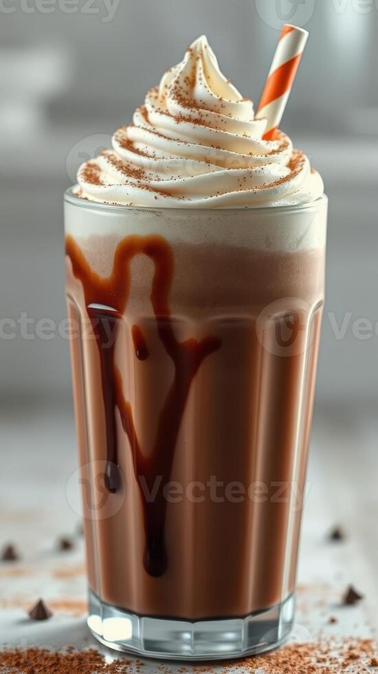 Indulgent chocolate milkshake topped with whipped cream and chocolate drizzle in a glass photo
