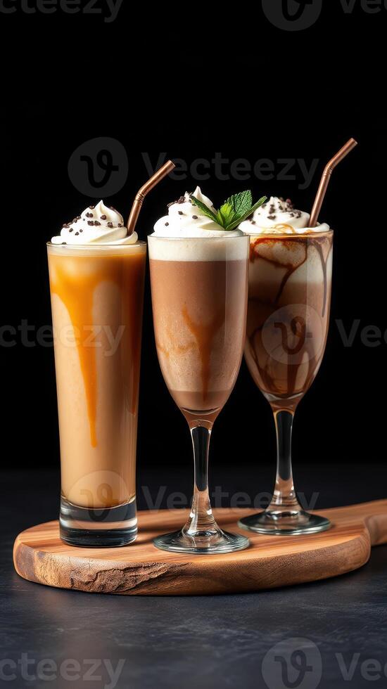 Three delicious creamy coffee drinks served on a wooden board in a dark setting photo
