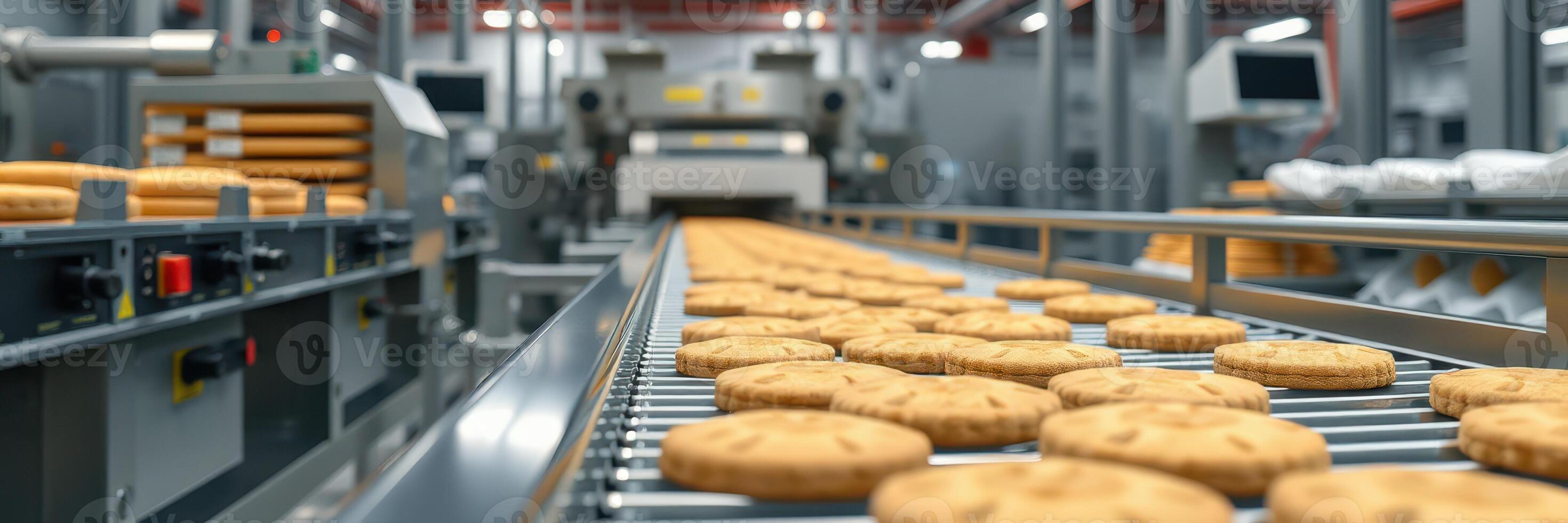 Cookies on conveyor belt in a bakery during the production process in a modern manufacturing facility photo