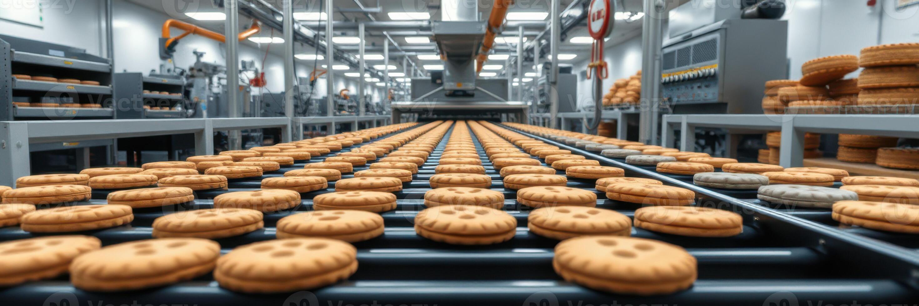 Production line of cookies in a large manufacturing facility during daytime photo