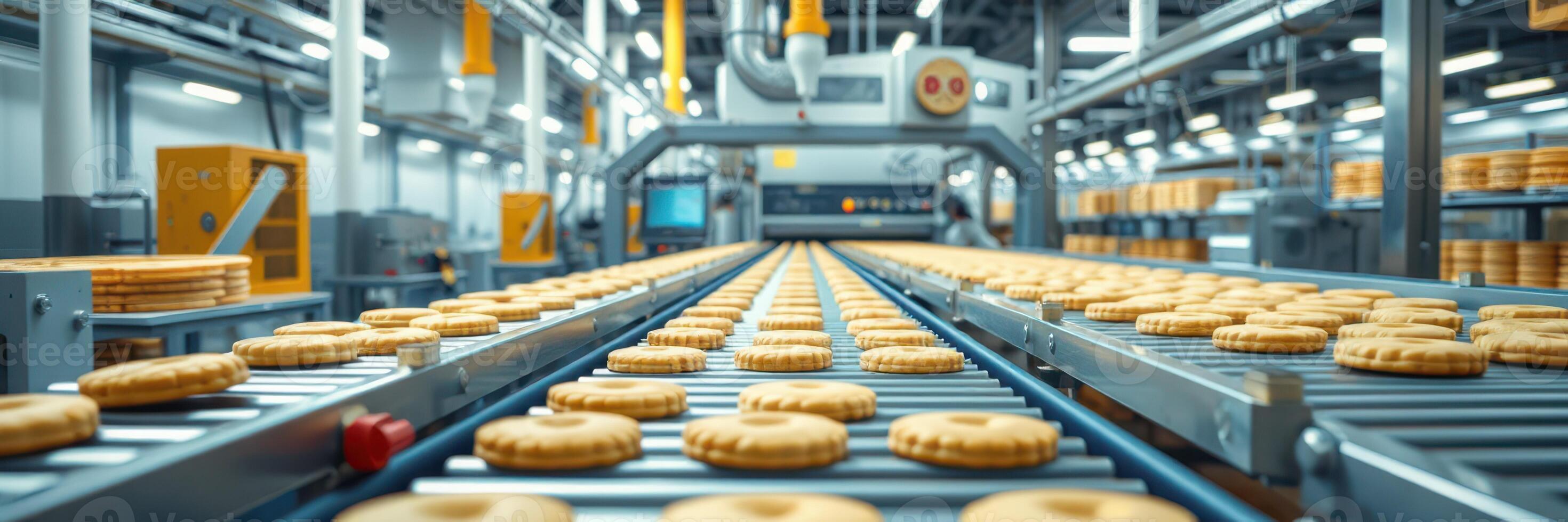Production of cookies on a conveyor belt in a modern factory during daylight hours photo