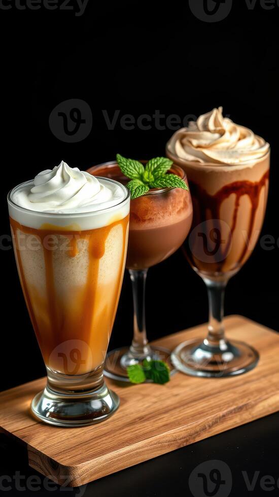 Indulgent dessert drinks served on a wooden board with whipped cream and chocolate drizzle photo