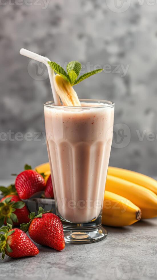 Smoothie preparation featuring fresh strawberries and bananas on a textured surface photo