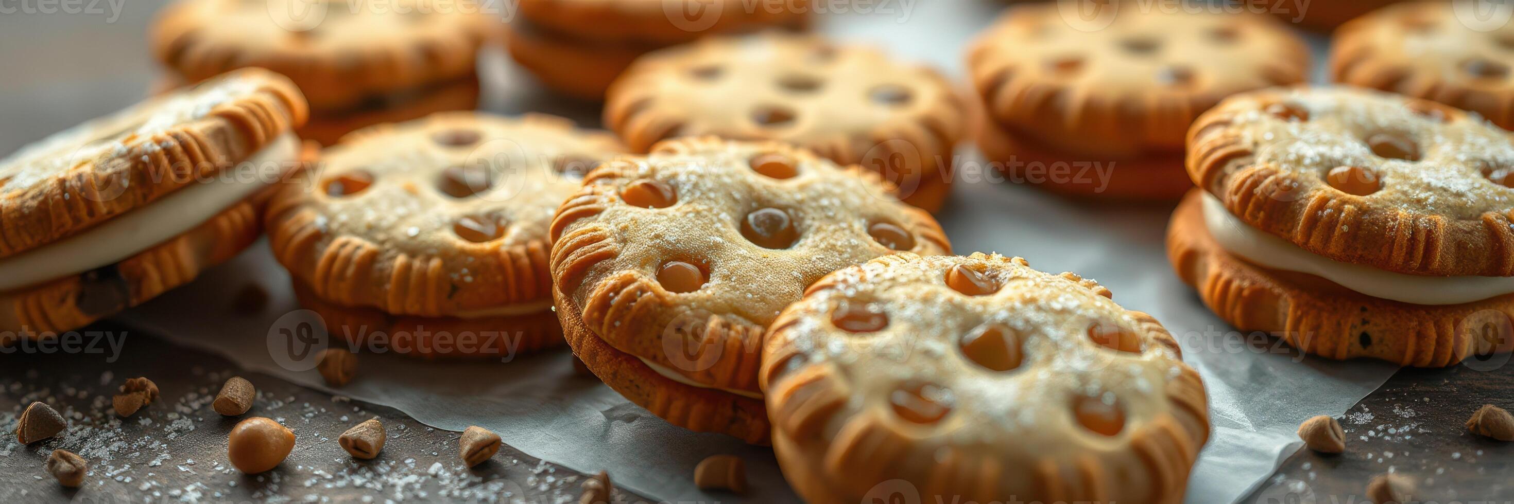 Delicious cookies arranged on a table with a sprinkle of sugar and chocolate chips in a cozy kitchen setting photo