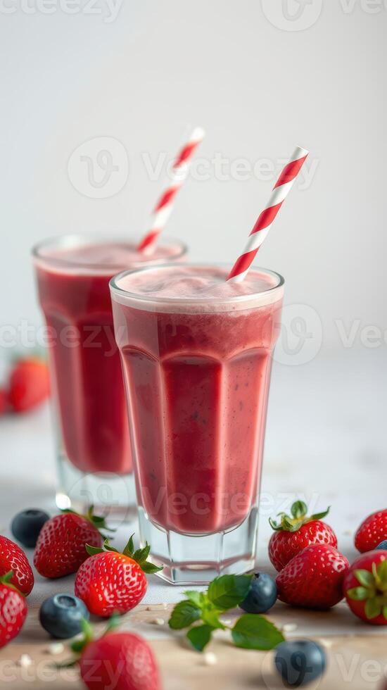 Refreshing berry smoothie served in tall glasses with striped straws on a wooden table photo