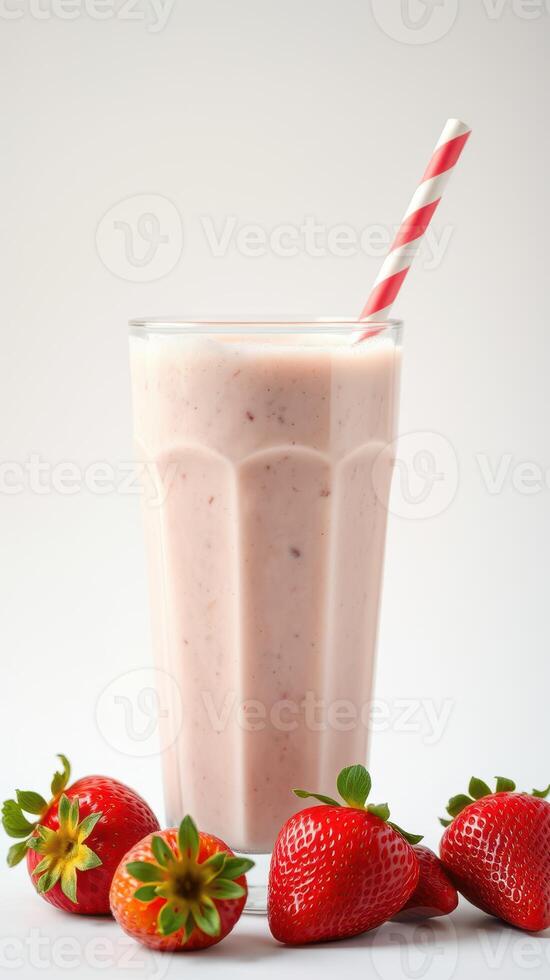 Refreshing strawberry milkshake served in a tall glass with a striped straw and fresh strawberries on the side photo