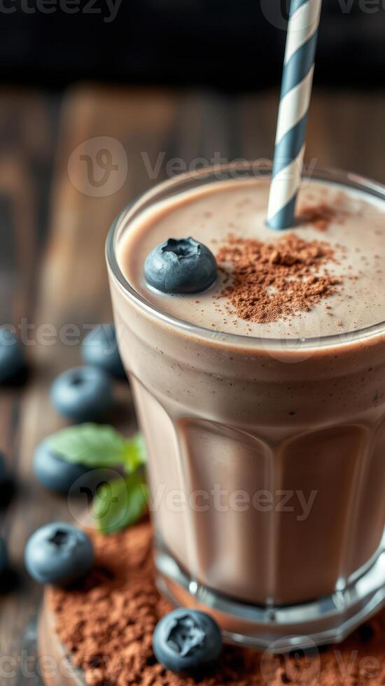 Rich chocolate smoothie with blueberries and mint served in a clear glass on a wooden table photo